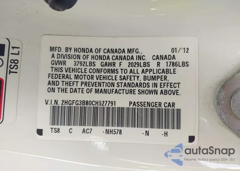 2012 Honda Civic Ex z USA, uszkodzony, nr VIN 2HGFG3B80CH527791